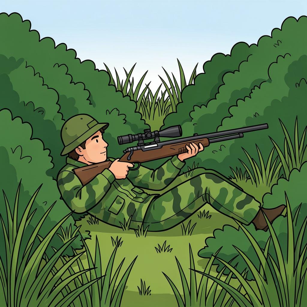 Una persona in tenuta mimetica con un fucile a lunga gittata, che guarda attraverso un mirino da un punto nascosto in una foresta.