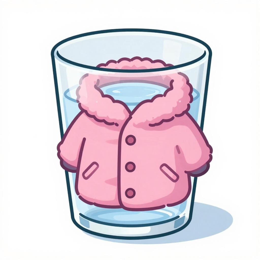 Eine dicke, flauschige rosa Jacke, die eng um ein Glas Wasser gewickelt ist, um es zu schützen.