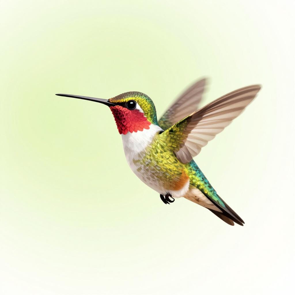 Een kleine, kleurrijke vogel die zo snel vliegt dat hij een wazig spoor achterlaat.