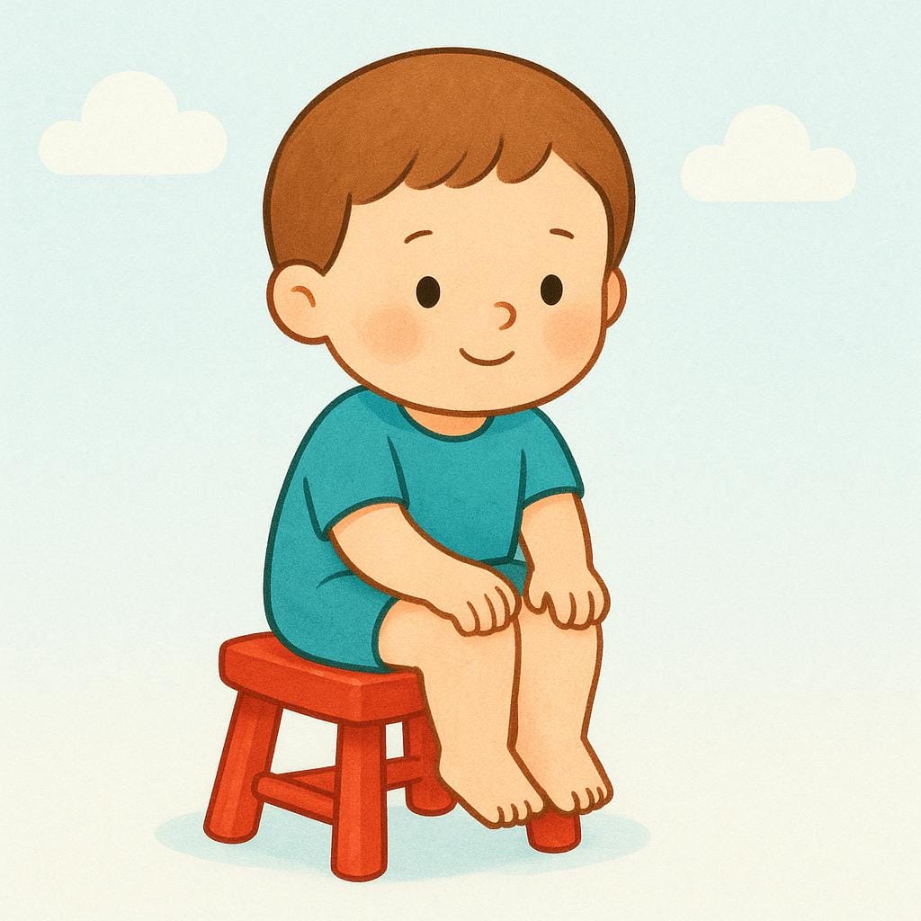 Uma ilustração simples de livro infantil de um personagem pequeno e alegre sentando-se em um banquinho baixo e vermelho.