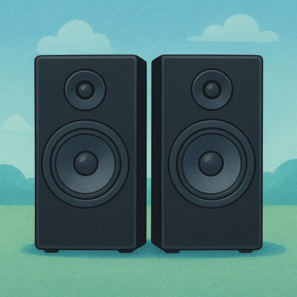 A pair of large, simple, black rectangular audio speakers with circular speaker cones visible on the front.
