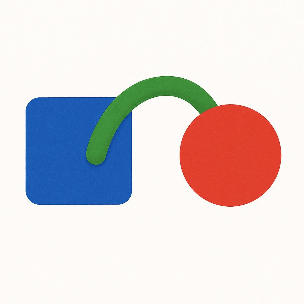Um quadrado azul e um círculo vermelho estão unidos por uma linha verde grossa e curva, simbolizando conexão.