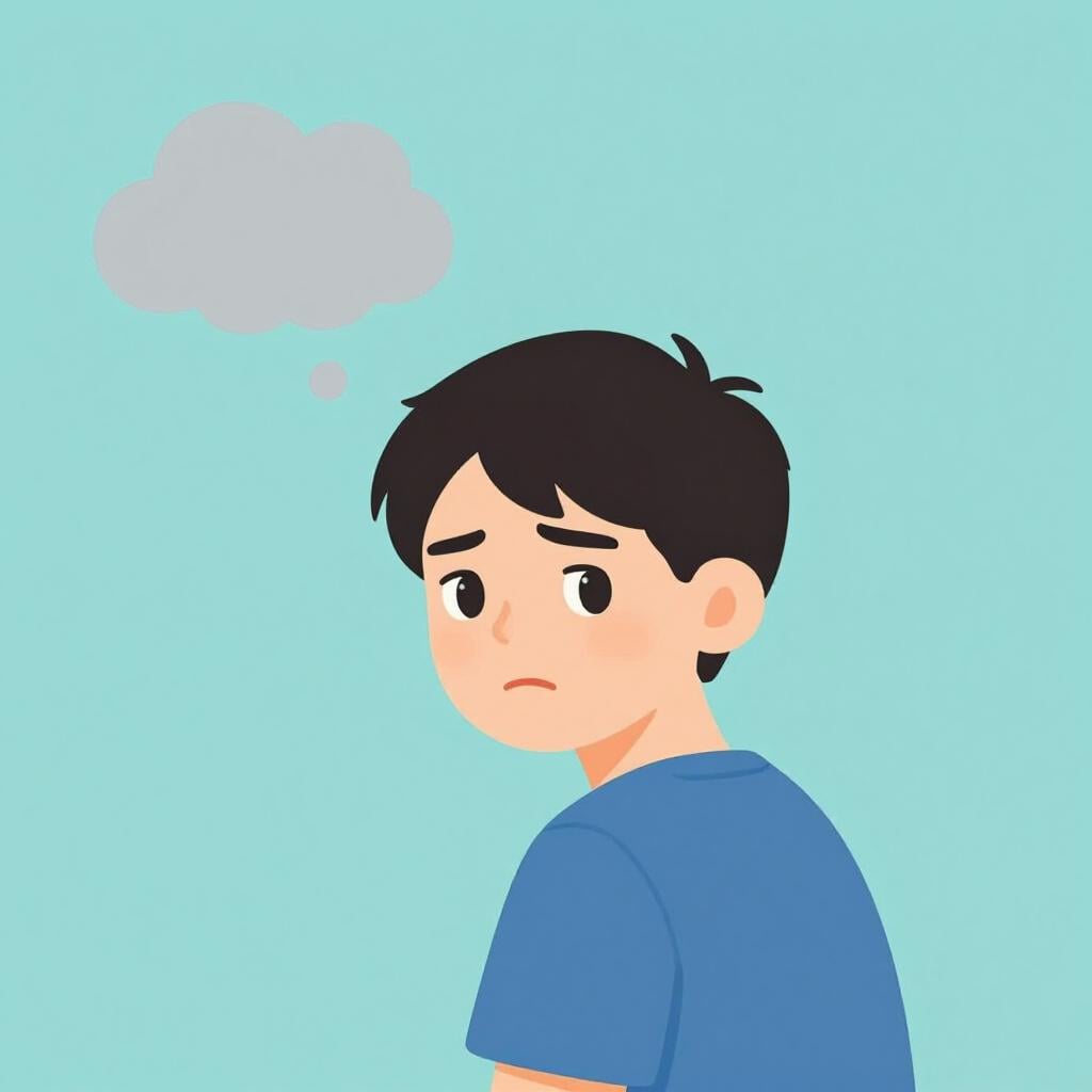 心配そうな表情で肩越しに後ろを振り返る人、頭上に暗い雲が描かれている。