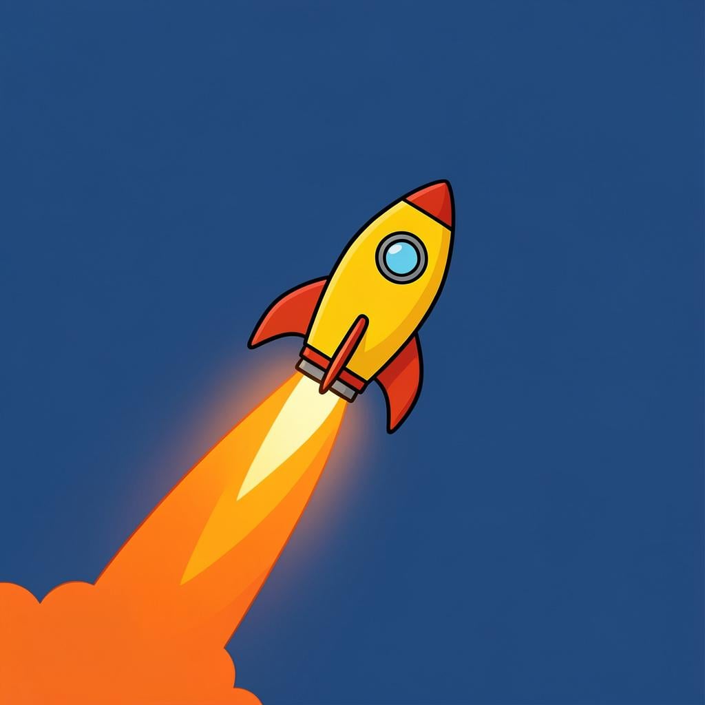 A bright yellow rocket ship soaring upwards towards the stars.