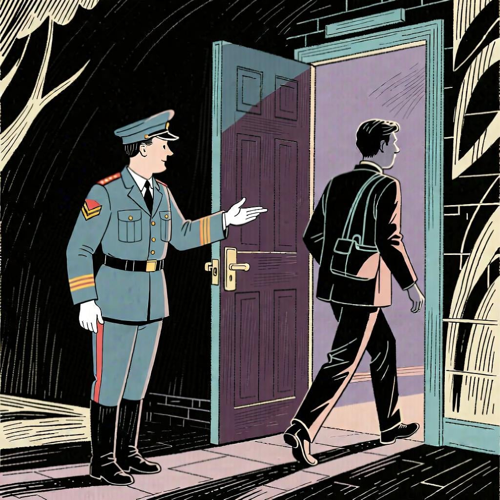 A person gesturing politely towards an open door, allowing another person to enter, signifying permission.