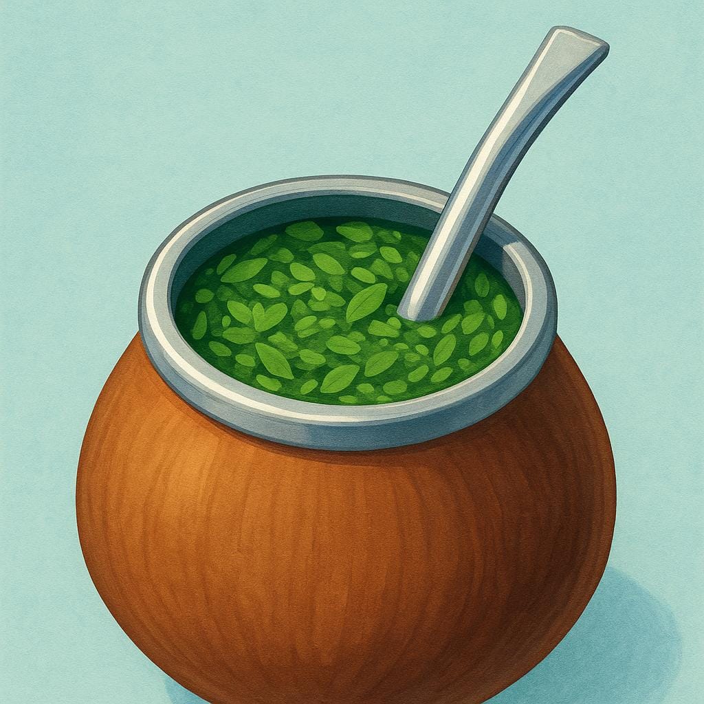 伝統的な茶色のマテの瓢箪に緑色のマテ茶が満たされ、銀色のボンビージャ(金属製のストロー)がシンプルな木の表面に置かれている様子。