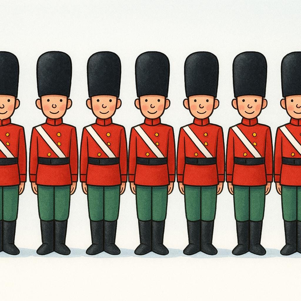 A row of identical toy soldiers standing in a straight line on a wooden floor.