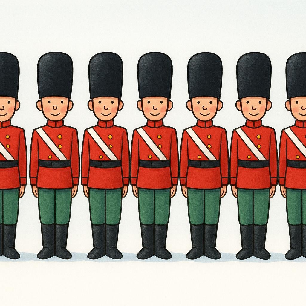 A row of identical toy soldiers standing in a straight line on a wooden floor.