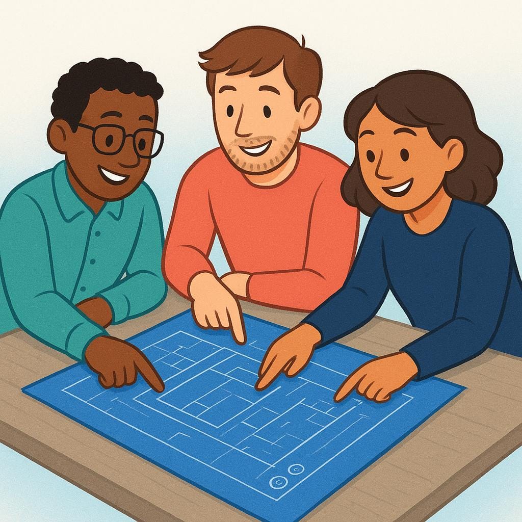 An illustration showing three diverse individuals collaborating happily around a table with a simple blueprint, symbolizing a work team.