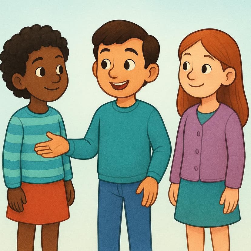 Uma ilustração simples mostrando uma pessoa apresentando outras duas pessoas uma à outra com um gesto acolhedor.