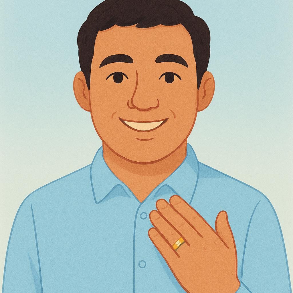 A simple portrait illustration of a cheerful adult man. His left hand is raised slightly, clearly showing a gold wedding band on his ring finger.