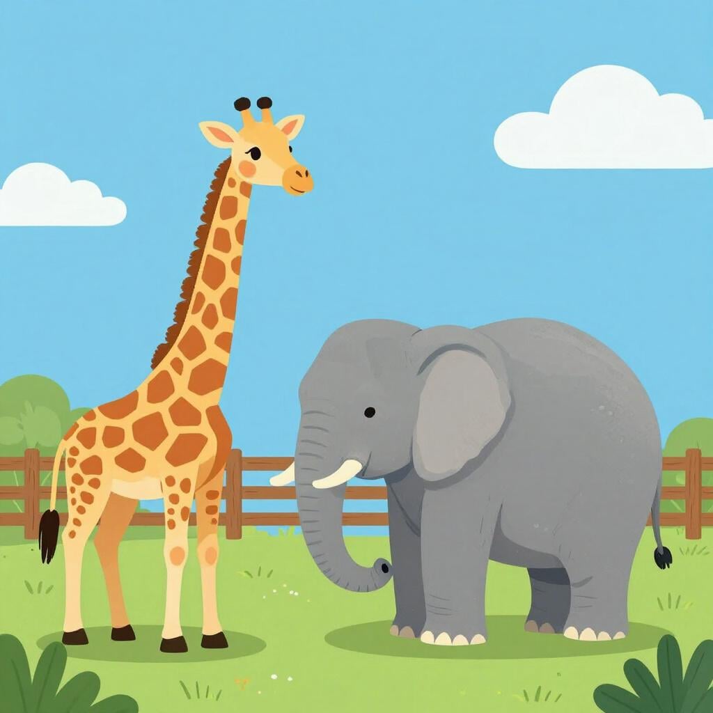 Eine einfache Bilderbuchillustration einer Giraffe und eines Elefanten hinter einem Holzzaun in einem Zoo.