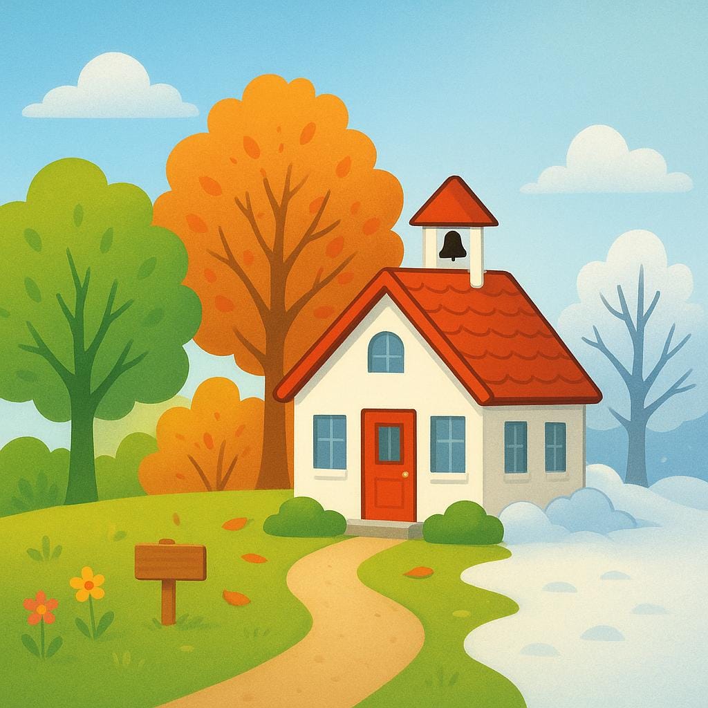 A colorful illustration showing a transition. On the left, a school building is surrounded by green trees, transitioning to the right where the same building is surrounded by snow, symbolizing the passage of the full school year.