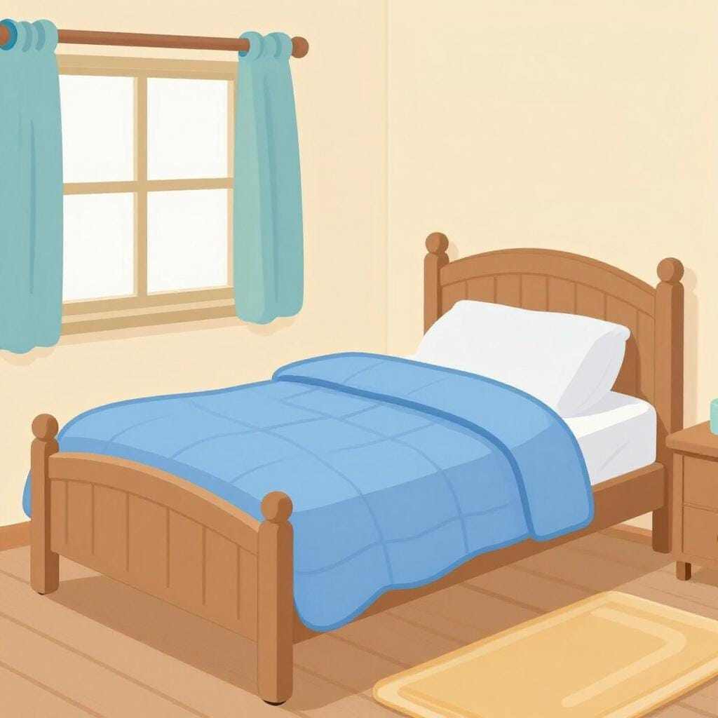 Um quarto acolhedor e iluminado pelo sol, com uma cama grande e confortável, uma cômoda de madeira e um tapete macio.