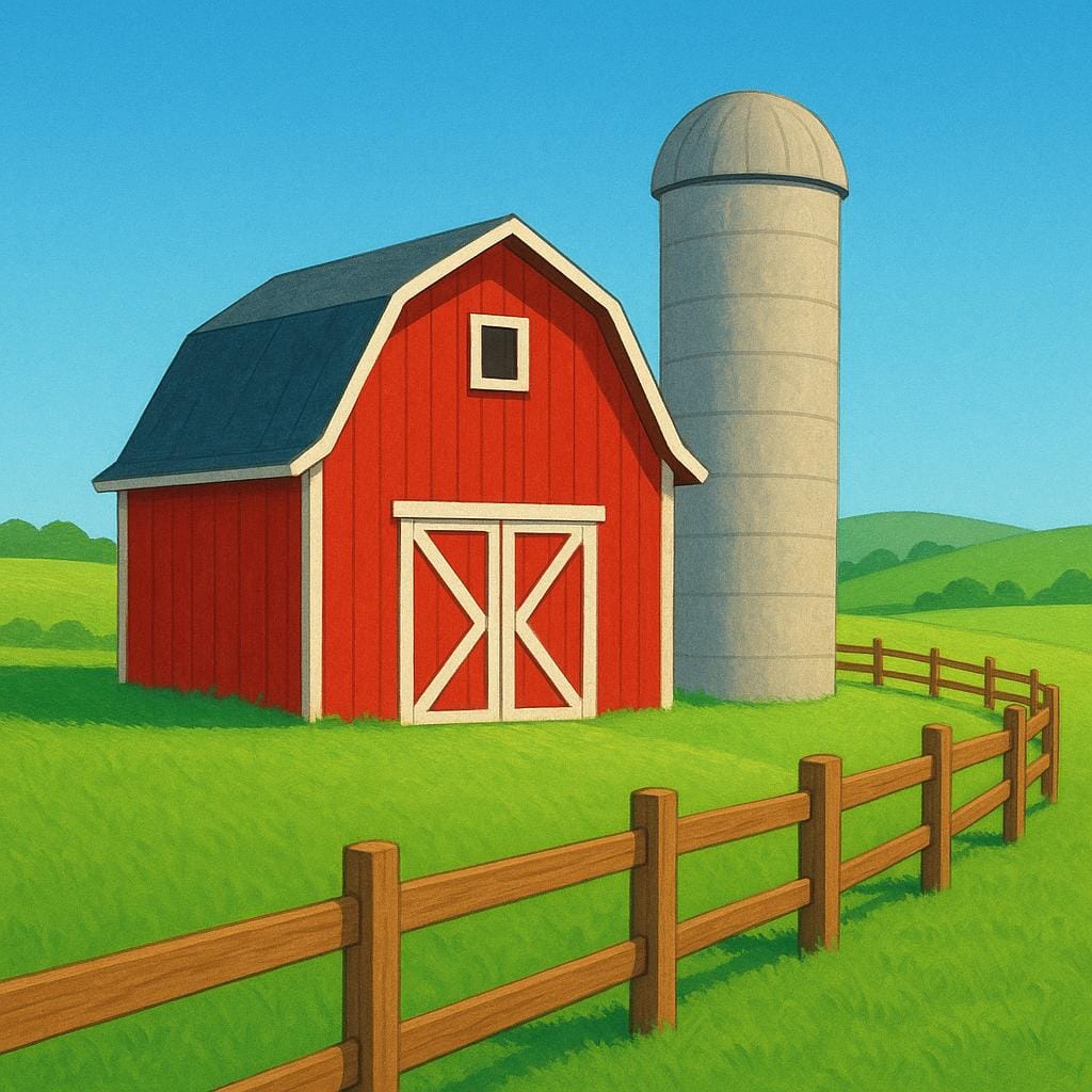 A high quality storybook illustration showing a traditional red barn and silo standing next to a fenced green field, representing a farm.