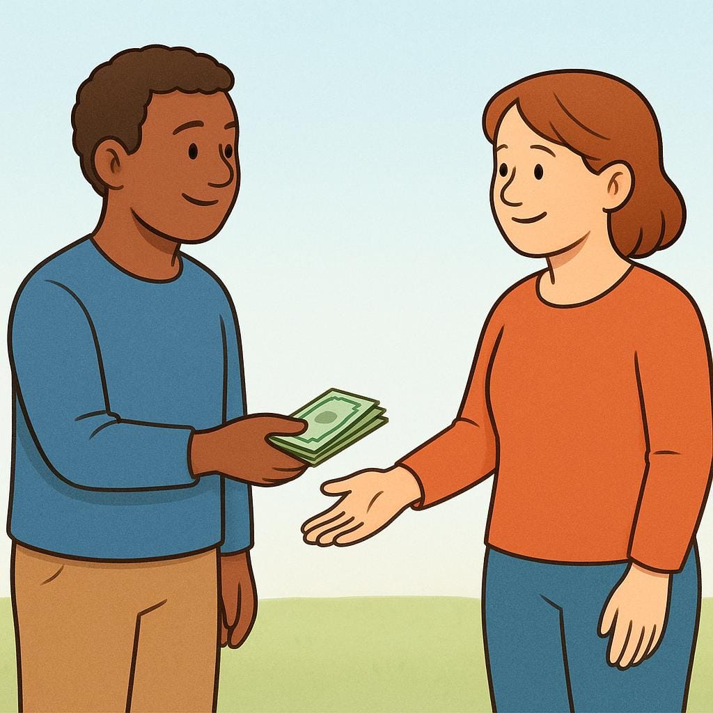 Duas figuras adultas simplificadas paradas a uma curta distância uma da outra. Uma figura estende a mão, oferecendo uma pilha de notas para a outra figura.