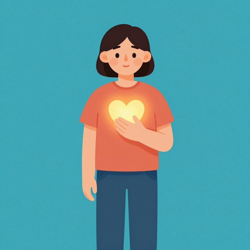 Een persoon die kijkt naar een gloeiend hartvormig figuur dat fel oplicht in hun eigen borst.