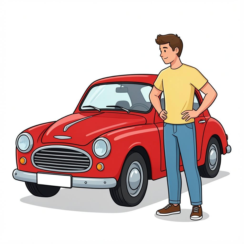 A person standing back and admiring a bright red classic car.