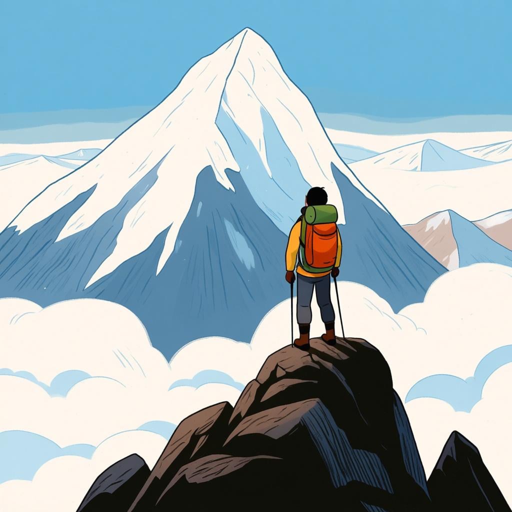 A person wearing hiking gear standing triumphantly on the rocky, snow-capped summit of a large mountain.