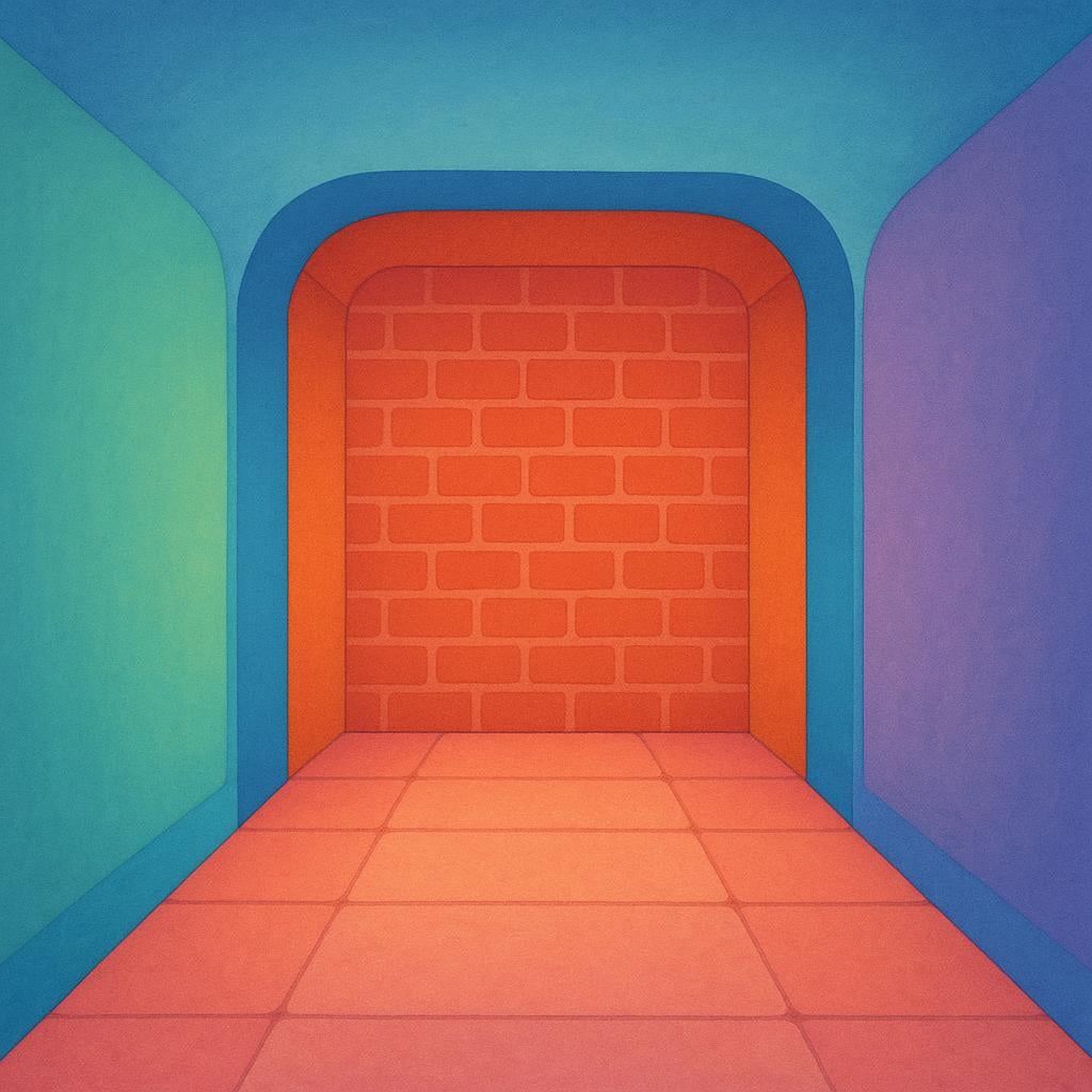 A simple illustration showing a straight hallway or path that abruptly terminates at a solid brick wall, symbolizing a dead end.