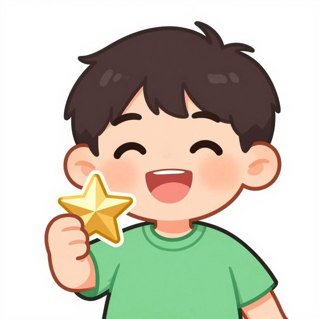 Un bambino con un grande sorriso che tiene un adesivo a forma di stella d'oro.