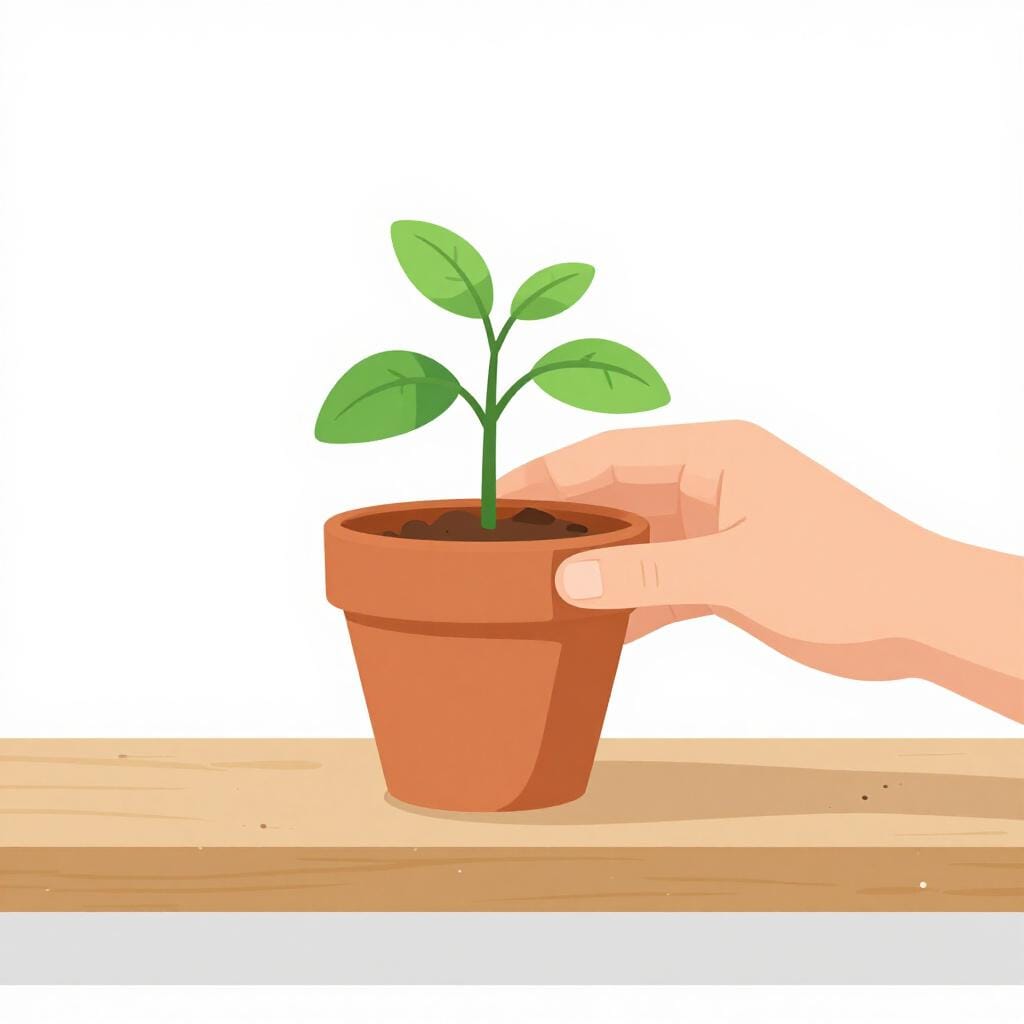 A hand placing a small potted plant onto a wooden shelf.