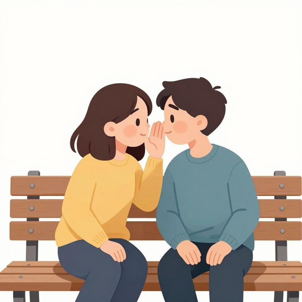 Two people sitting on a park bench leaning in and speaking softly to each other.