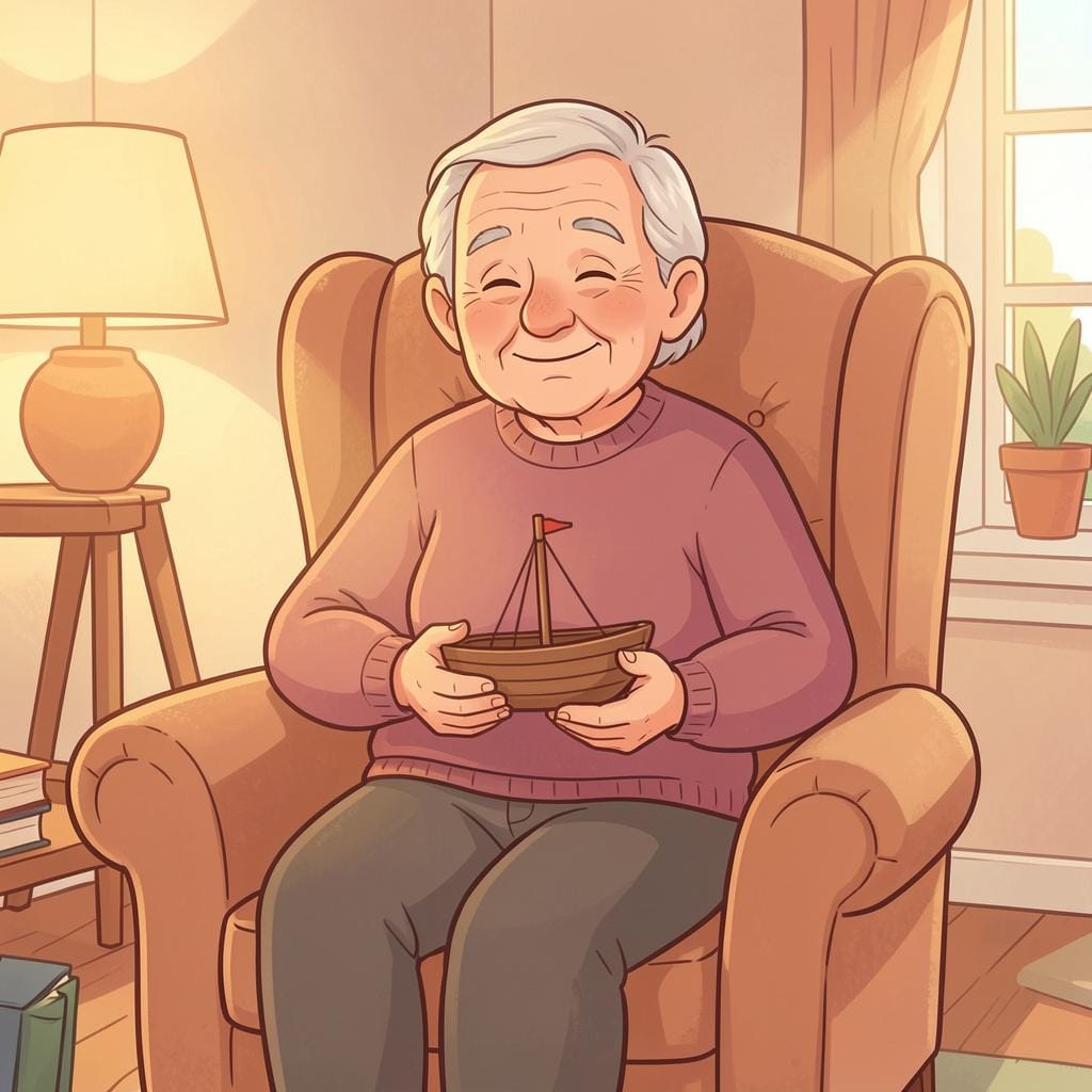 年配の人が居心地の良いアームチェアに座り、小さな木製の玩具のボートを持ちながら温かく微笑んでいる様子。