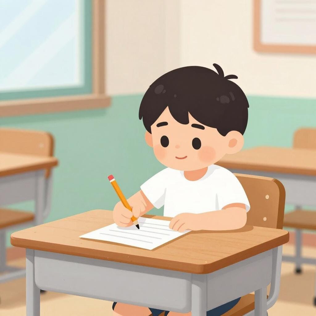 종이가 놓인 책상에 앉아 연필을 들고 있는 아이.