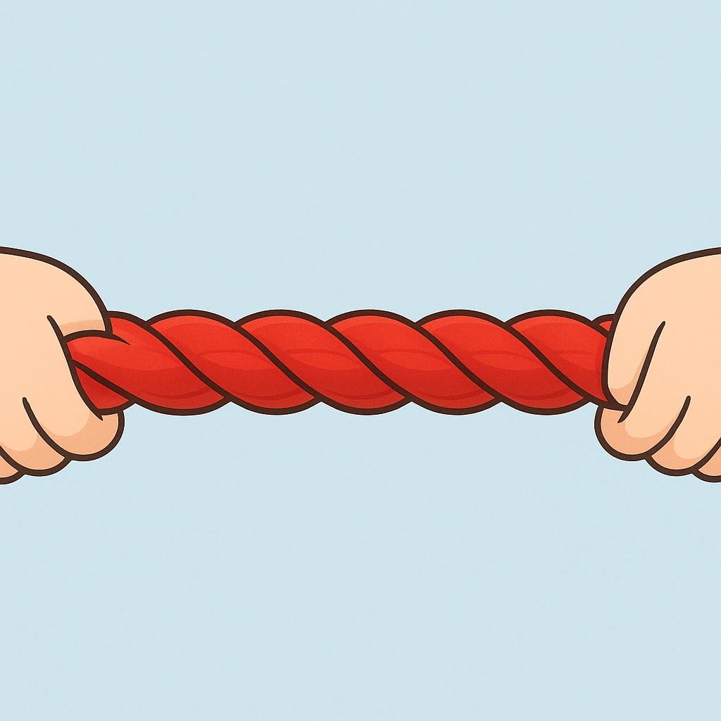 Two cartoon hands gently holding opposite ends of a thick, braided red rope against a plain background, illustrating an emotional bond or connection.
