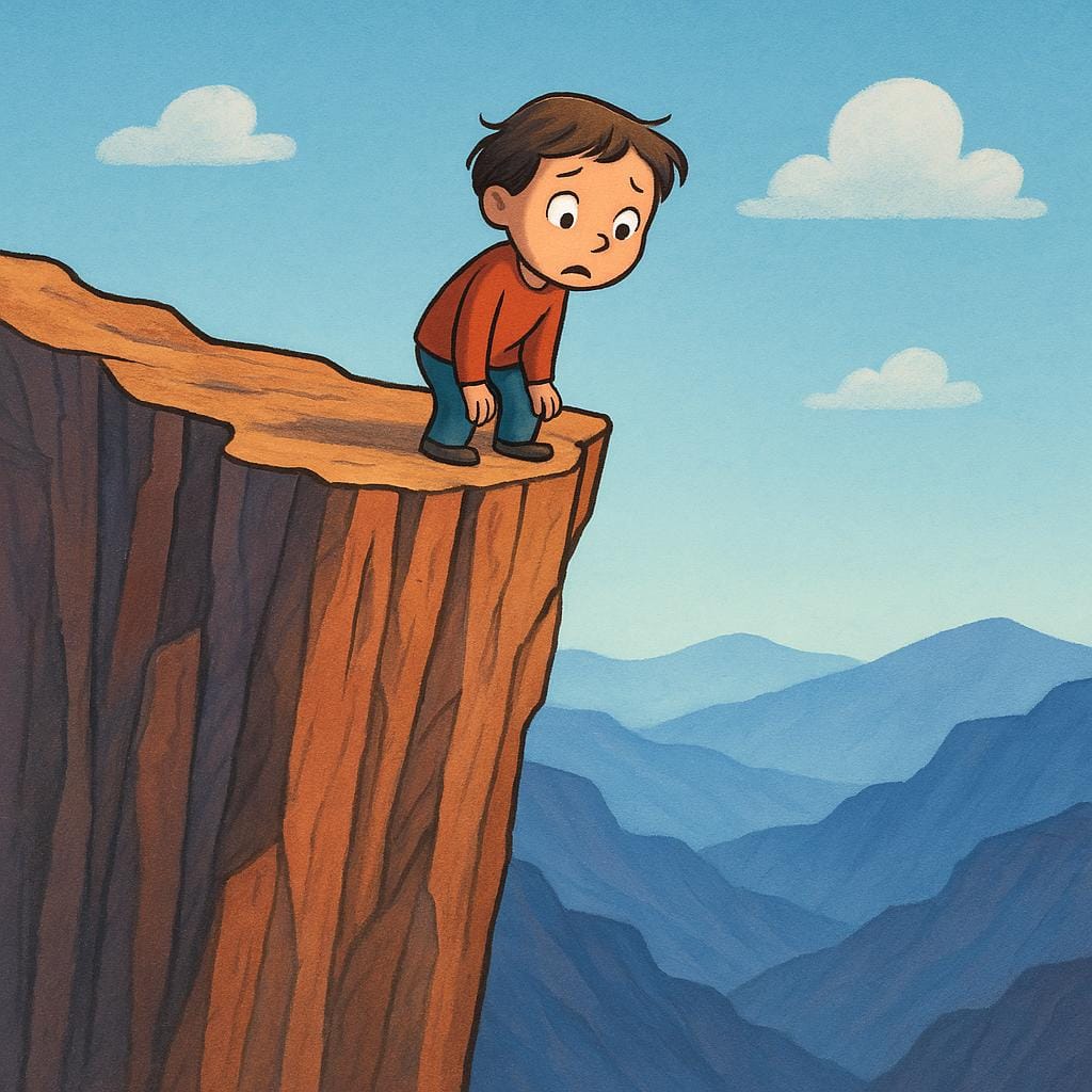 崖っぷちの非常に高い断崖の端に危険なほど近く立っている、目が丸い小さな人物のシンプルな絵本風のイラスト。深い谷を見下ろしている。