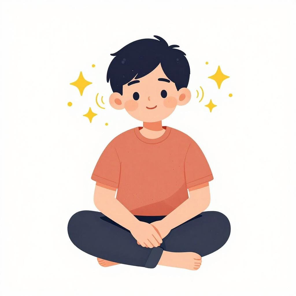 キャラクターが目を閉じて穏やかに座っており、耳の周りに小さなきらめく黄色い星や音符が浮かんでおり、耳鳴りの感覚を表しています。