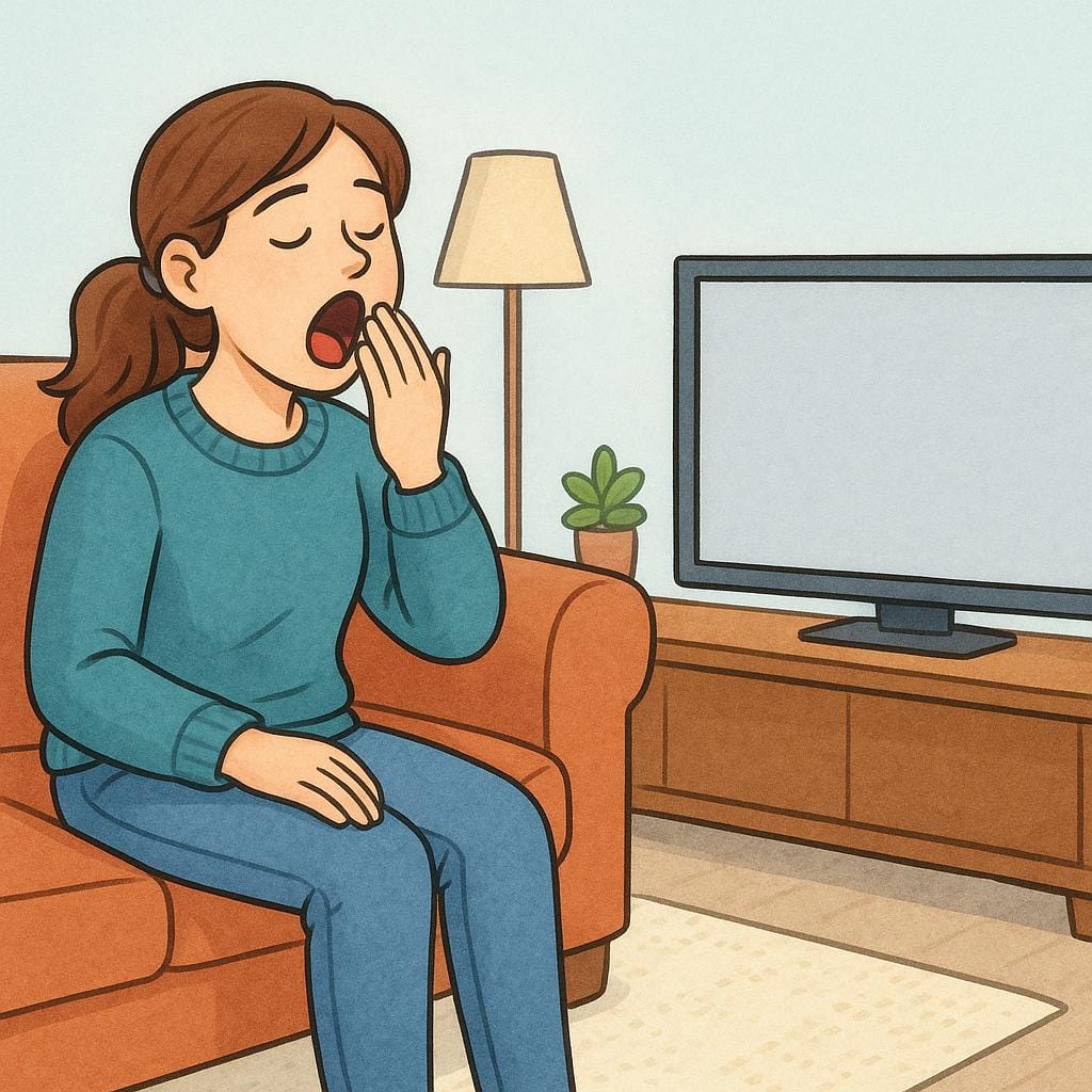 ソファに座って口元を手で覆いながら大きくあくびをしている若い女性。彼女が見ているものは退屈だと示すために、テレビ画面は真っ白になっている。