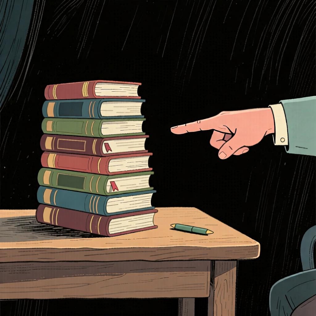 A hand pointing towards a stack of school books on a desk, representing a general obligation to study.