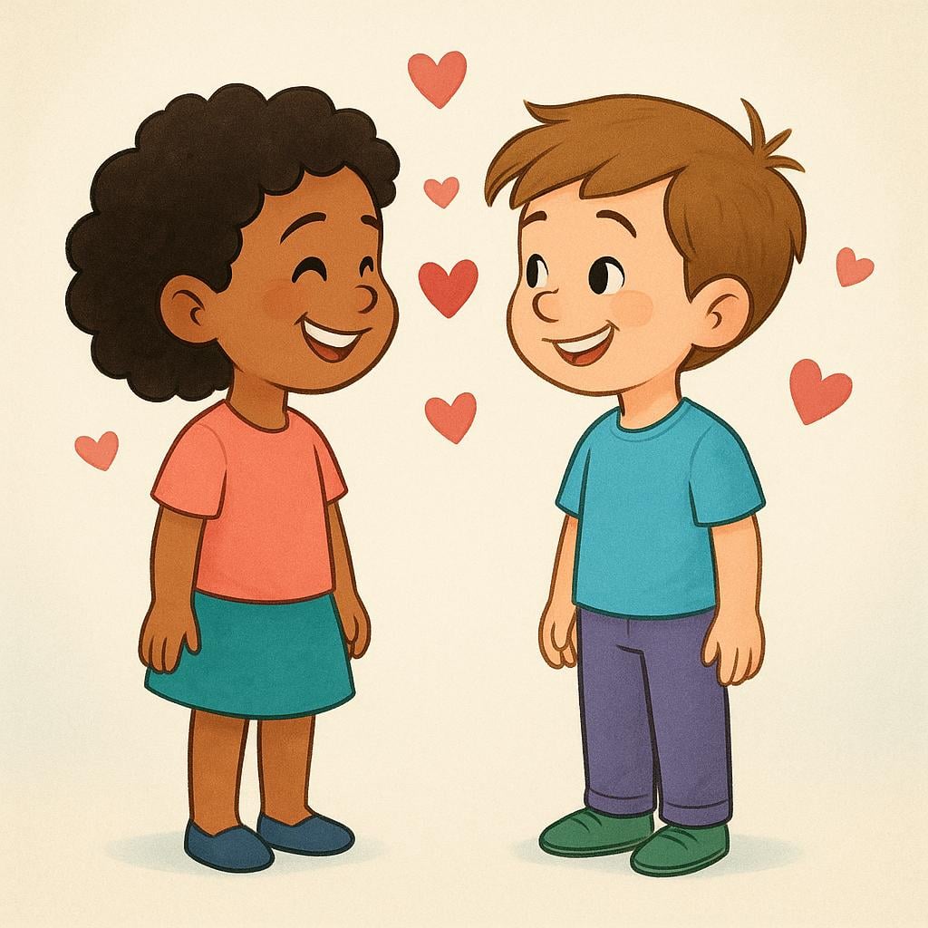 Two young children, a boy and a girl, standing close together and smiling warmly at each other, indicating mutual affection.