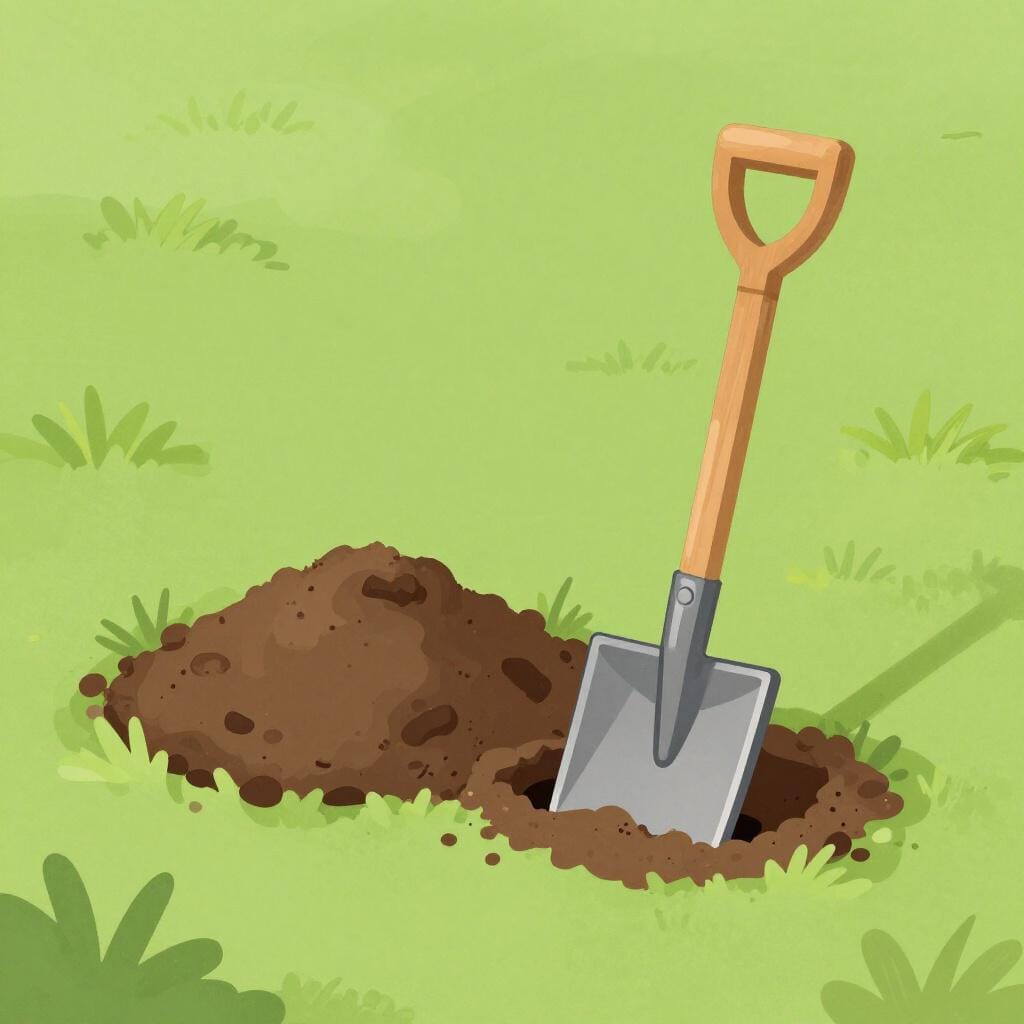Een houten schep die in een hoop bruine aarde steekt naast een klein gat in een grasveld.
