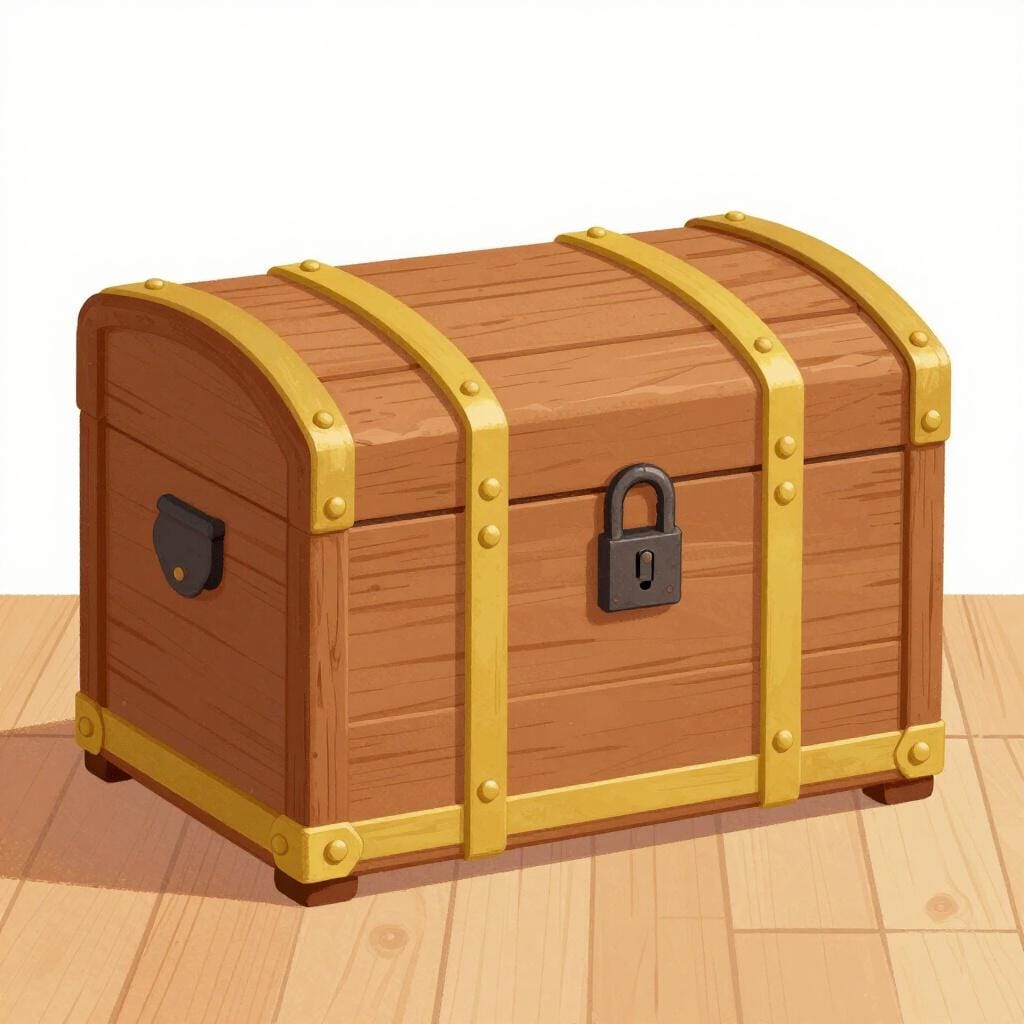 A sturdy wooden chest with metal bands and a large padlock.