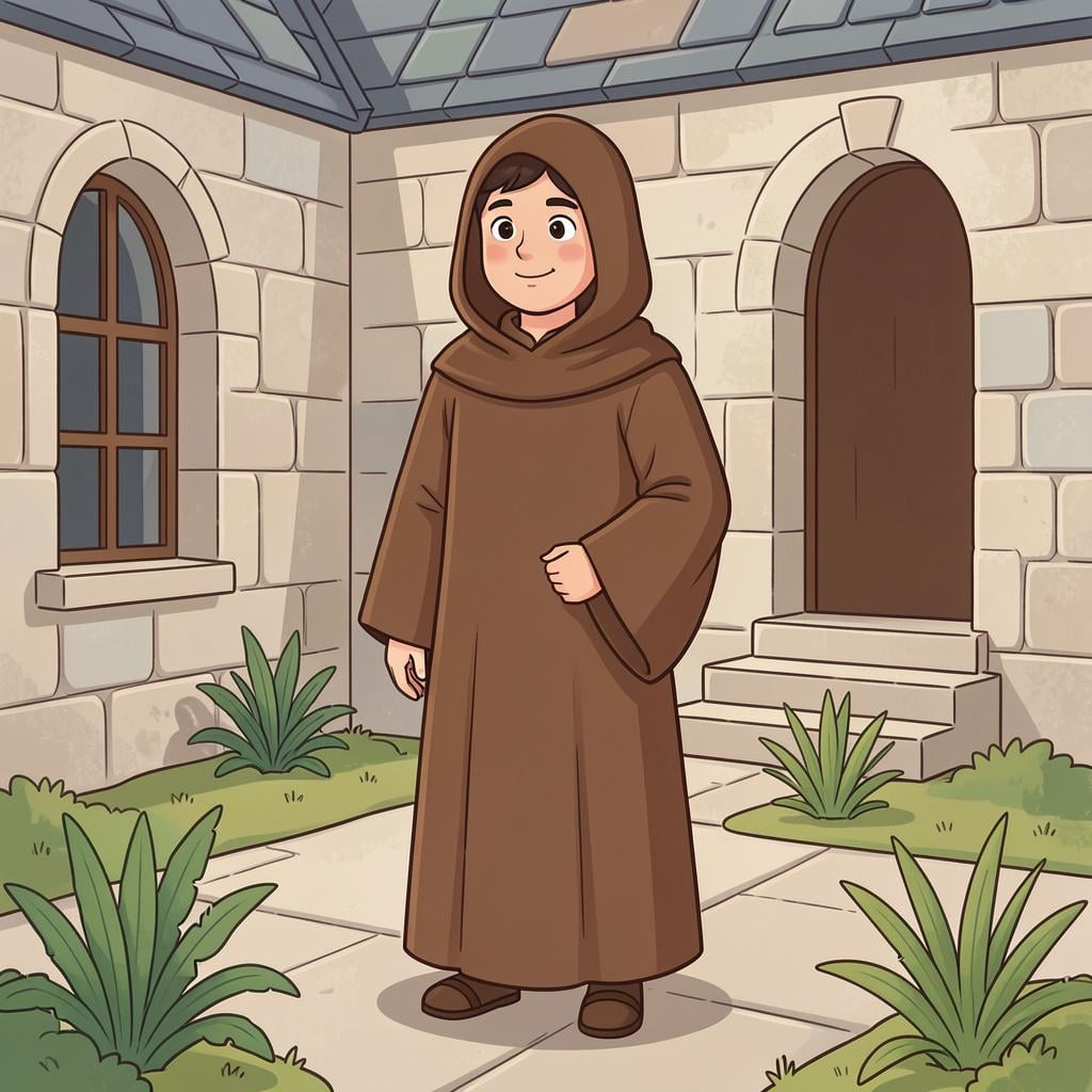 A man in a simple brown hooded robe standing peacefully in a stone courtyard.