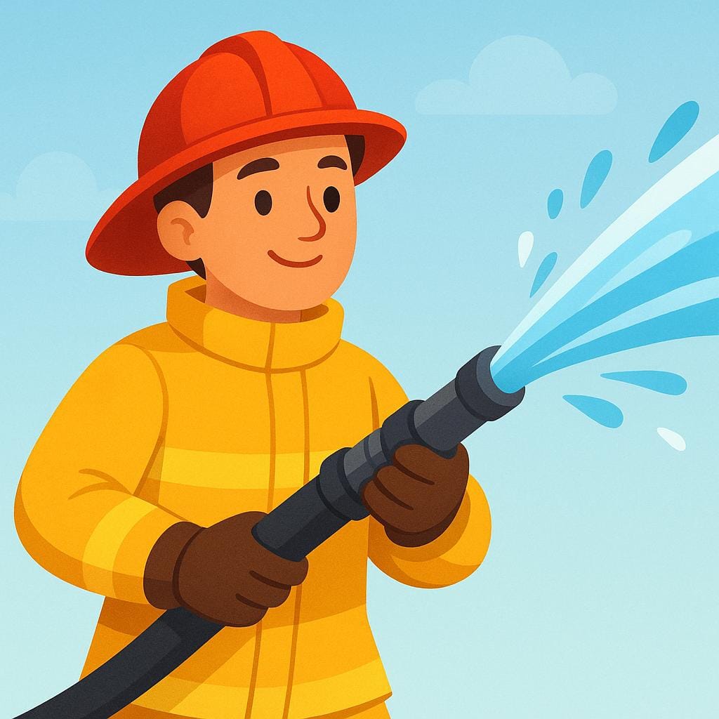 A colorful storybook illustration of a firefighter wearing a bright red helmet and yellow protective suit, holding a powerful water hose.