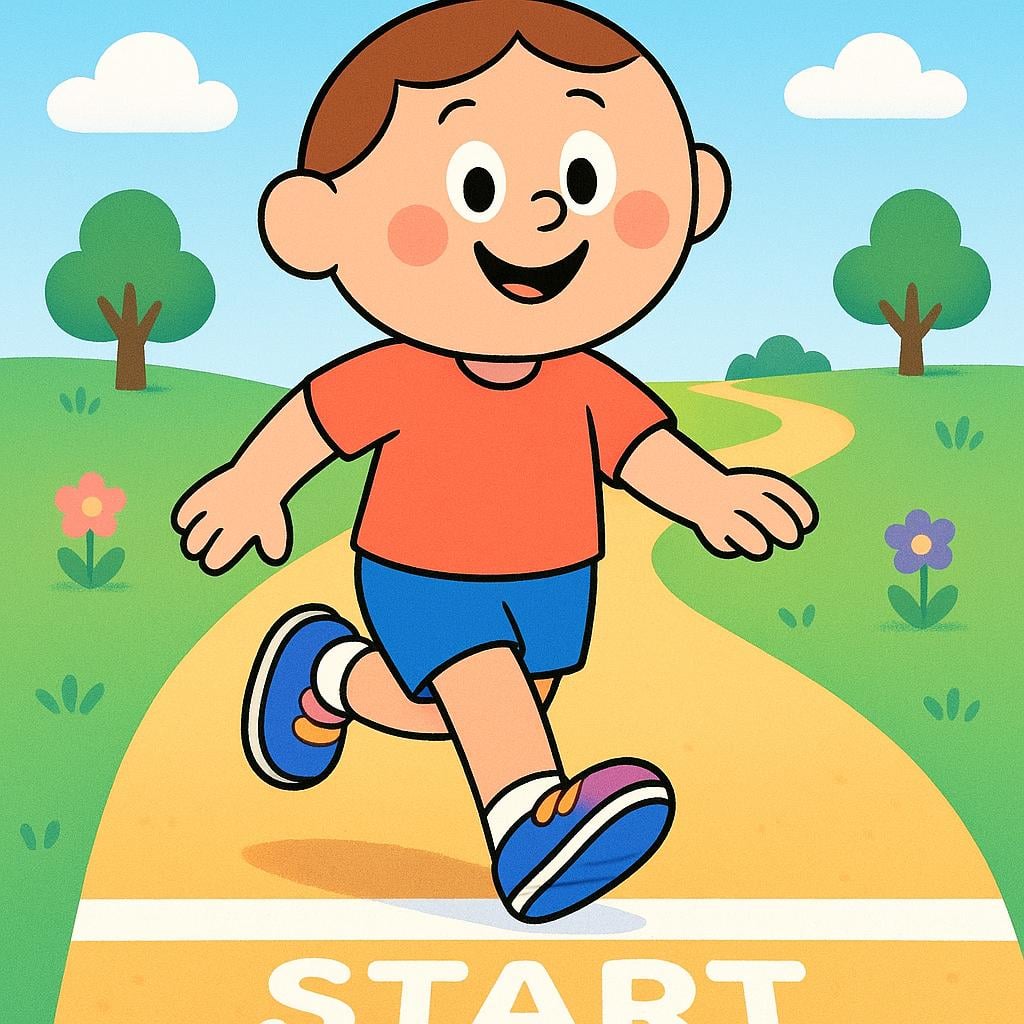 A small, cheerful figure is standing at a clearly marked starting line on a colorful path, lifting one foot to take the very first step forward, signifying the start of an action.
