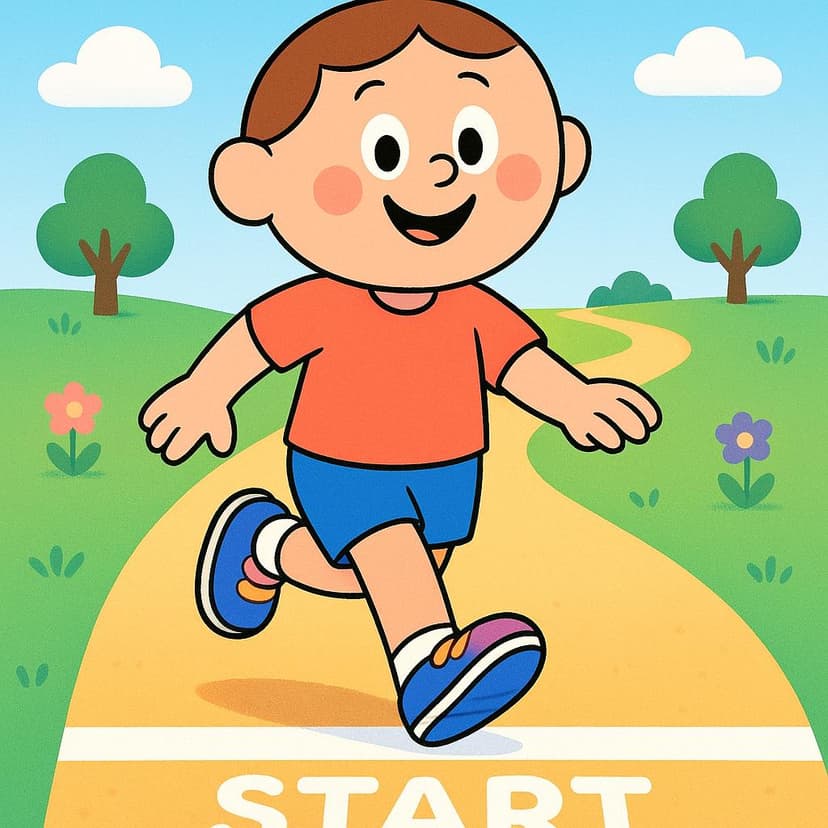 A small, cheerful figure is standing at a clearly marked starting line on a colorful path, lifting one foot to take the very first step forward, signifying the start of an action.