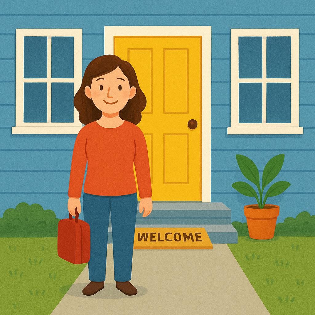 Un viaggiatore che raggiunge la porta d'ingresso di una casa accogliente, a simboleggiare l'arrivo.