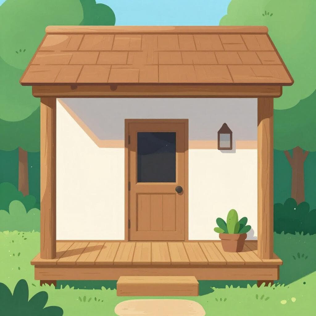 Een gezellige veranda van een klein huis met een houten vloer en een dak erboven.