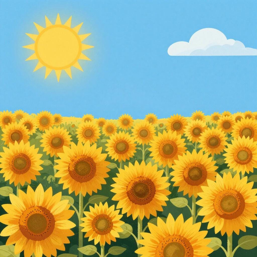 Een zonnig landschap met een veld vol bloeiende zonnebloemen onder een helderblauwe hemel.