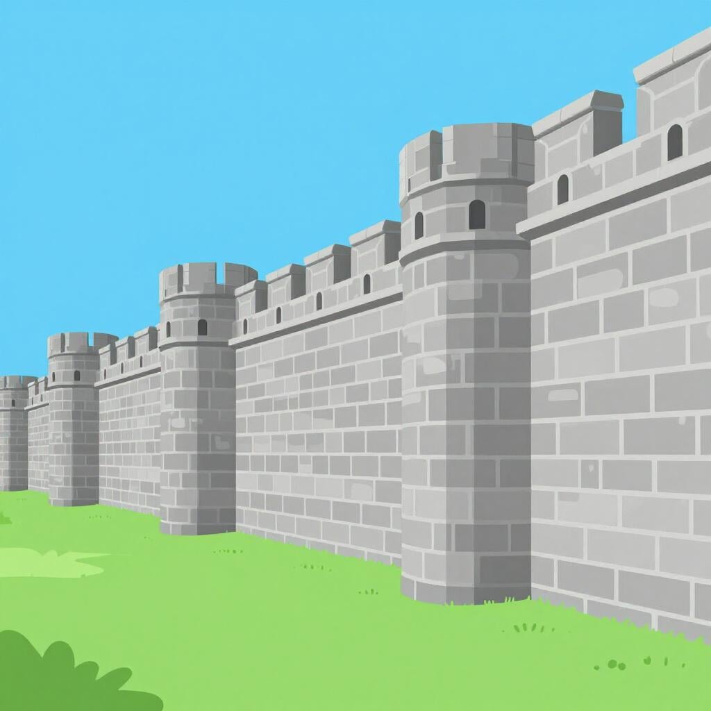 Une longue section droite d'un ancien mur de pierre avec de l'herbe à la base.