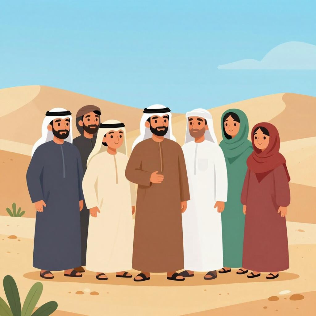 A group of people in diverse traditional Arab clothing standing together in a desert oasis.