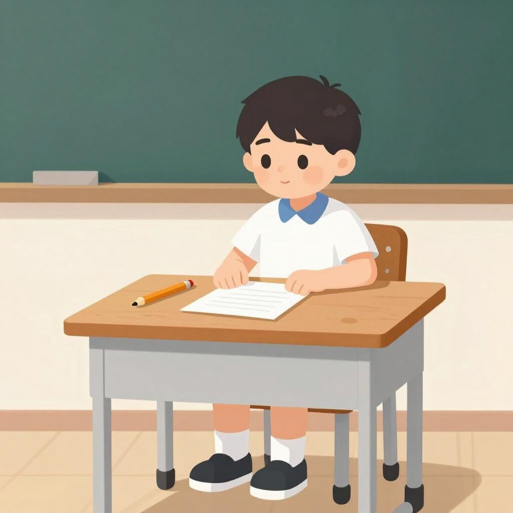 Un étudiant assis à un bureau propre avec un crayon et du papier, concentré sur une tâche.