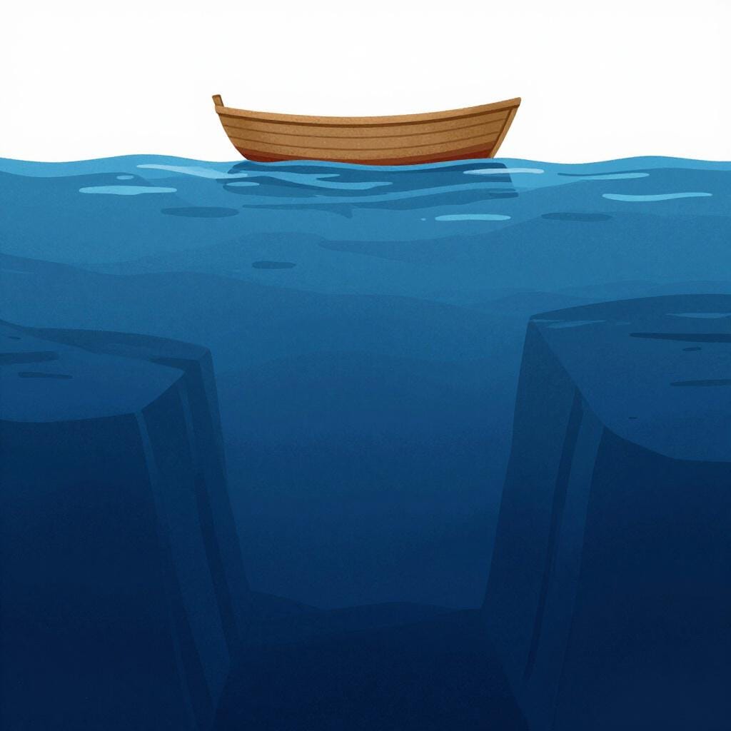 Un petit bateau flottant sur un vaste océan bleu foncé avec un canyon sous-marin visiblement profond en dessous.