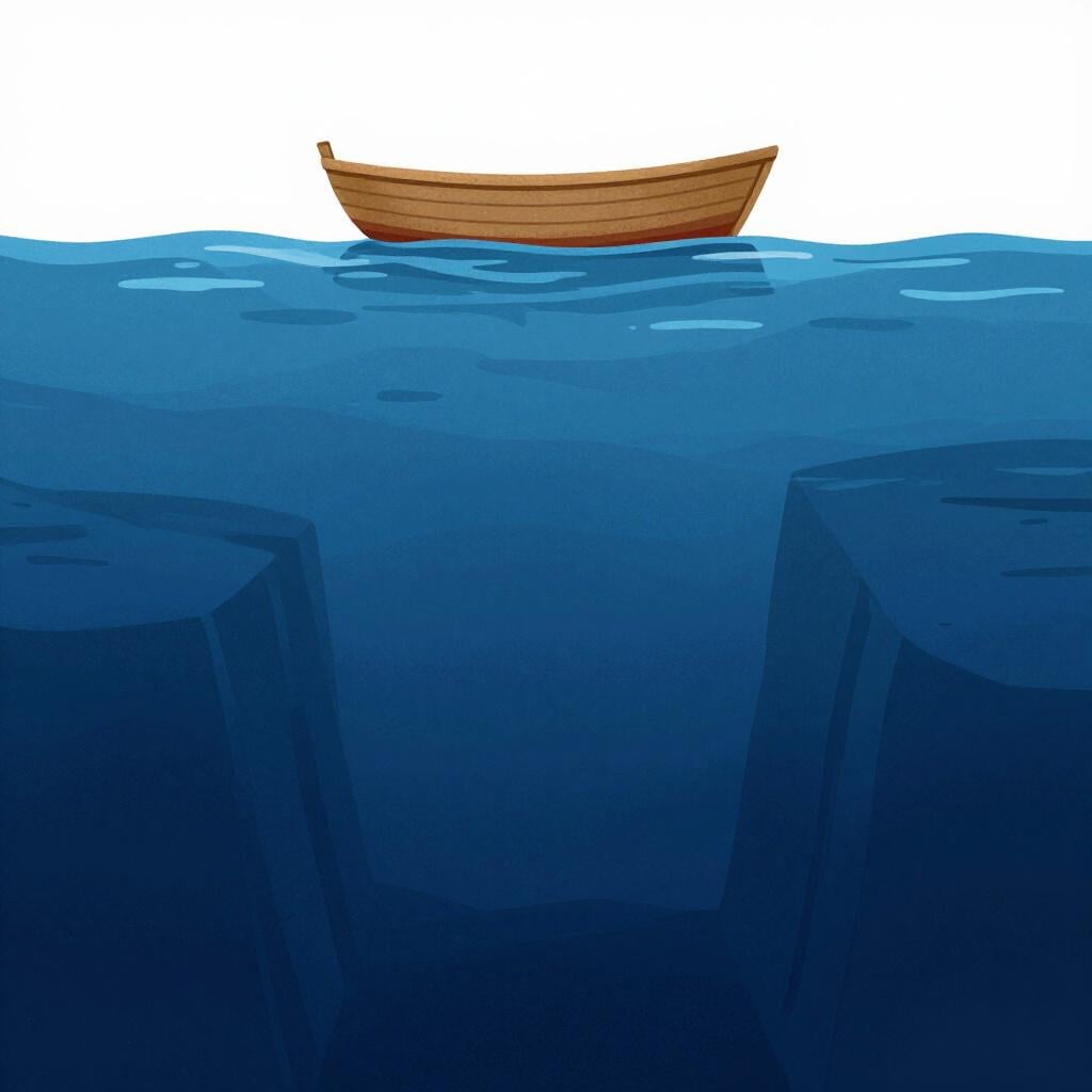 A small boat floating on a vast, dark blue ocean with a visible deep underwater canyon below.