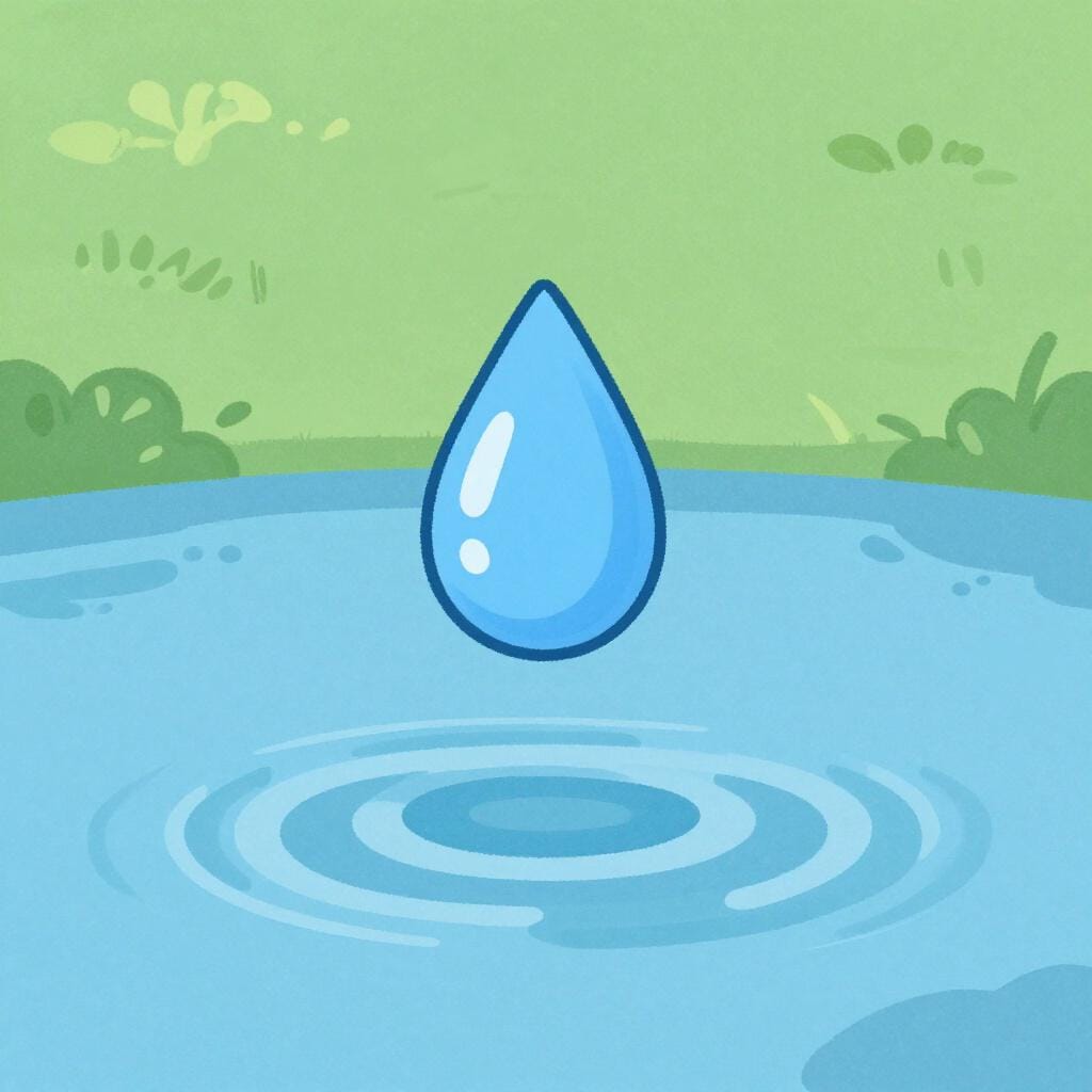 A single drop of water frozen in mid-air just before hitting a pond surface.